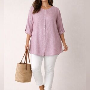 Tahari Linen blouse Dusty Pink Luxe Linen Button-Up Top Blouse Sz Plus 1X